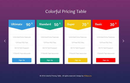 Colorful Pricing Table Flat Responsive Widget Template