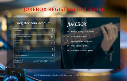Jukebox Registration Form Flat Responsive Widget Template