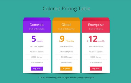 Colored Pricing Table Flat Responsive Widget Template
